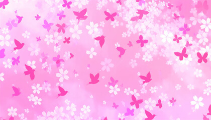 Pink Spring Flowers with Birds, and Butterflies.