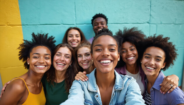 Group multiracial friends enjoy outdoor fun. Happy mixed race people take selfie together. Youth millennial generation, multi ethnic teenagers share lifestyle moments. Diversity, community, culture,