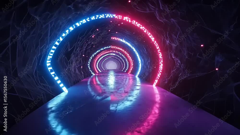 Poster futuristic tunnel with glowing lights reflecting on a smooth surface, creating a vibrant atmosphere