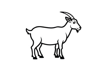 Standing black goat showcases prominent horns and beard within a striking monochromatic style