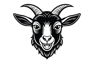 Majestic light goat with impressive curved horns poses gracefully against the white background