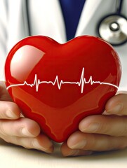 Doctor holds heart, EKG, clinic background, medical image