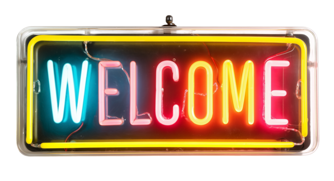 Neon sign with the text Welcome isolated on transparent background.