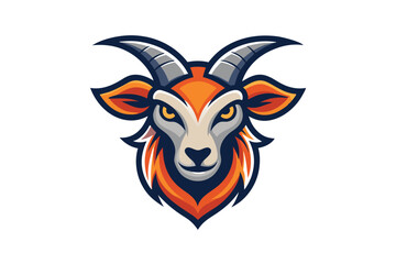 Isolated black goat head with large horns is facing frontward in format