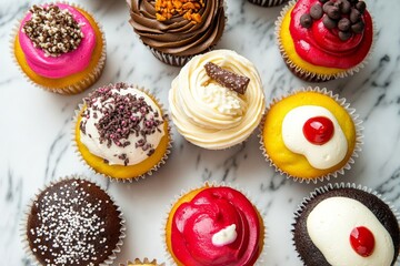 A delightful selection of cupcakes topped with vibrant frostings and sprinkles rests on a marble countertop. The assortment showcases various flavors in an inviting presentation