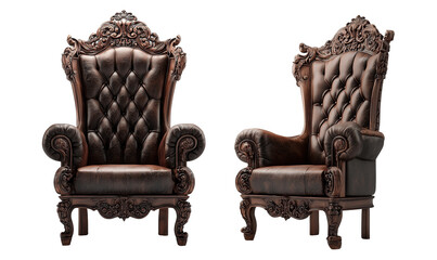 Intricately carved wooden throne chair with brown leather seat isolated on transparent background. Furniture concept