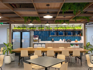 Modern luxury restaurant interior with stylish chairs, dining tables, and elegant bar design