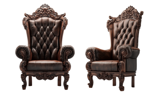 Intricately carved wooden throne chair with brown leather seat isolated on transparent background. Furniture concept