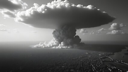 Massive mushroom cloud explosion over a city and ocean in monochrome