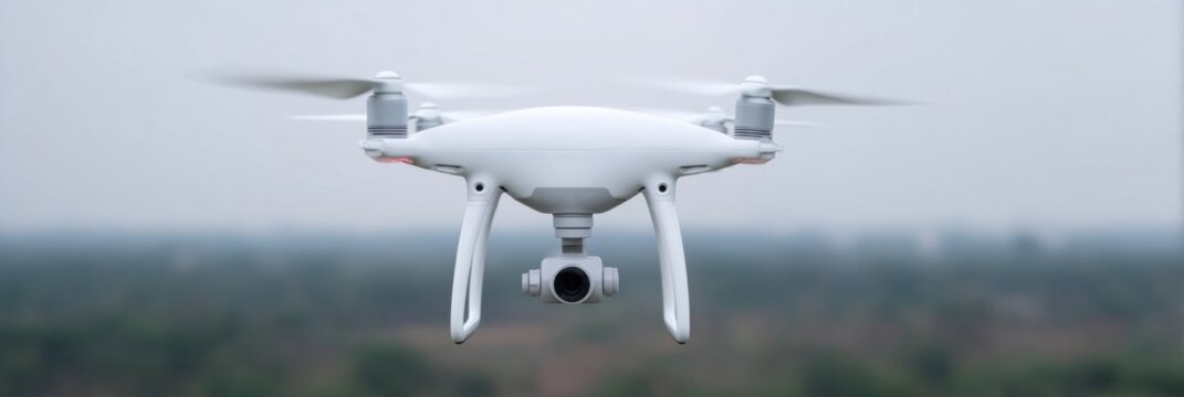 Sleek drone hovers against misty horizon, evoking futuristic exploration and innovation, ideal for International Drone Day celebrations