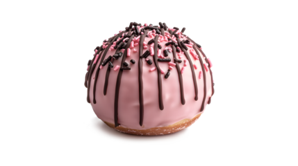 A pink donut with chocolate drizzle and pink sprinkles. The donut is sitting on a white background