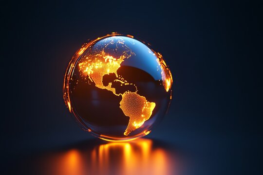 A glowing digital globe highlighting the Americas with illuminated city networks against a dark background.
