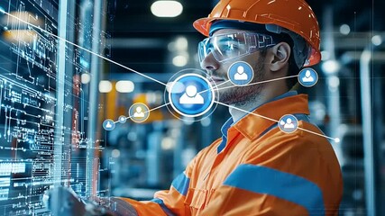 Engineer in safety gear interacting with digital interface in a high-tech industrial environment - Powered by Adobe