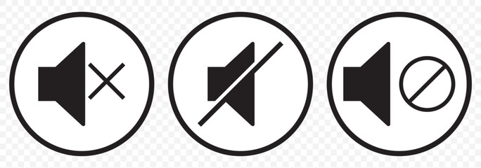 Speaker and mute icon set in black circles. No Sound icon sign mute icon vector illustration. Speaker mute icon isolated on Transparent background. EPS 10.