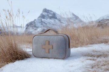 A rustic first aid kit nestles in frosty tundra, echoing Nordic survival traditions and embracing Winter Solstice resilience