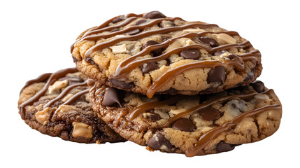 Obraz premium Three chocolate chip cookies with caramel drizzle on top