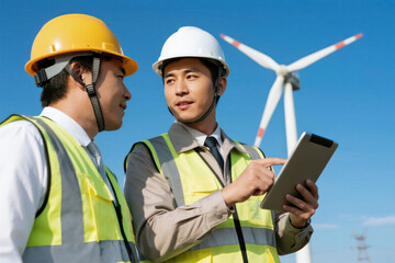 Fototapeta premium Two Engineers Discussing Wind Turbine Project