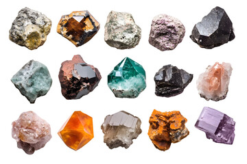 Set of various minerals and crystals, precious gemstones 