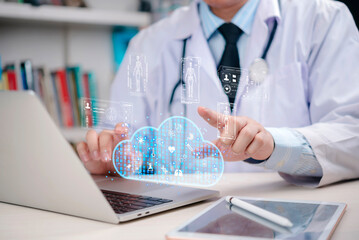 Doctor cloud computing technology for medical data management. Healthcare working digital health...