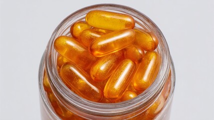 Translucent amber capsules in a jar, reminiscent of alchemist's golden elixirs, evoke Wellness Wednesday and National Supplement Day