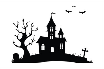 Spooky Halloween Graveyard Scene Silhouette - Bare Tree & Tombstones Vector