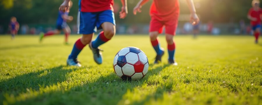 Boys in red, blue uniforms actively play soccer match on rich green grass field. Youth players run towards ball during summer tournament, showing teamwork, athletic skill. Sunny day highlights