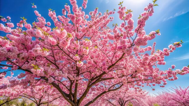 A lush cherry blossom tree in full bloom with pink flowers against a clear blue sky and green leaves - Powered by Adobe