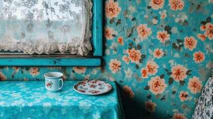 Floral Still Life: Cup, Plate, and Lace Curtain in a Vintage Turquoise Room