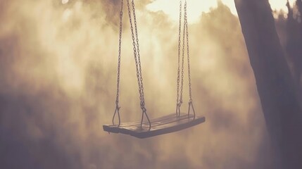 Serene Sunset: A Solitary Wooden Swing Suspended in Misty Golden Light
