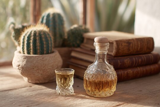 Sunlit scene of amber elixir beside vintage tomes and cacti, invoking Dia de los Muertos' reflection and desert whispers