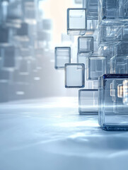 Abstract blue transparent floating cube business technology themed background