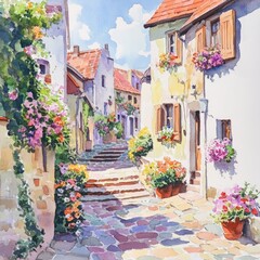 Fototapeta premium European village street, flowers, sunny day, painting