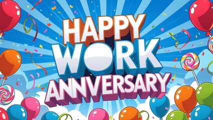 Happy work anniversary celebration with balloons confetti and lollipops
