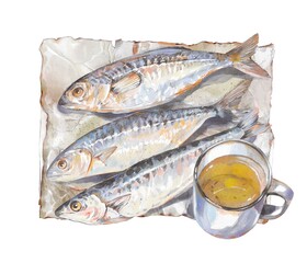 Three Smoked Mackerel On Kraft Paper With Beer Mug Watercolor Clipart Hand Painted Rustic Food Illustration For Cooking Design Barbecue Snack Decor Isolated On White Background