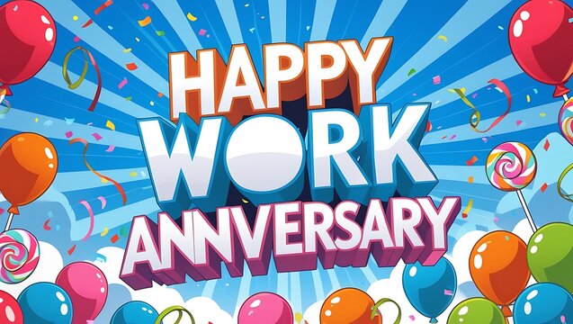 Happy work anniversary celebration with balloons confetti and lollipops