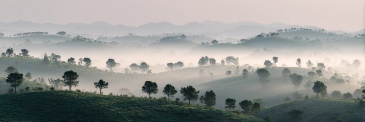 Whispering mist blankets verdant hills, invoking meditative zen, and celebrating Earth Day's gentle embrace in nature's sanctuary