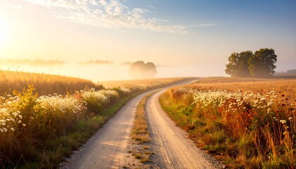 Scenic winding country road through a golden wildflower meadow at misty sunrise with warm, ethereal light creating a peaceful, atmospheric landscape.