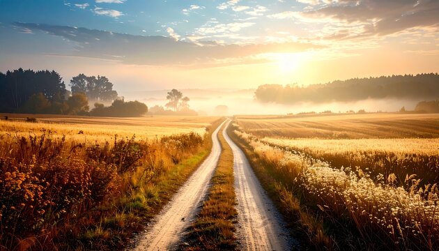 Scenic country road winding through a golden wheat field at misty sunrise with warm, beautiful morning light and fog. Picturesque rural landscape background with a path leading to the horizon.