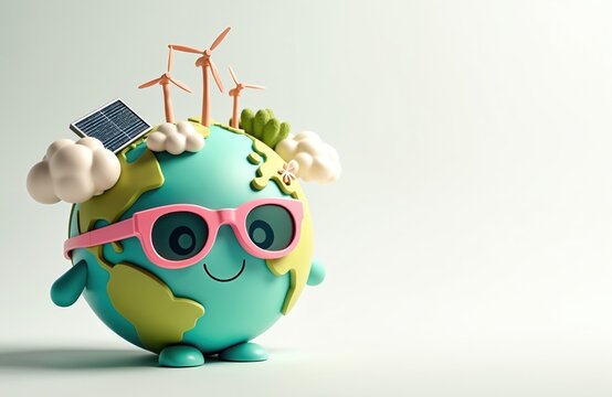 Cute cartoon Earth character wears sunglasses, stands with solar panels, wind turbines, sustainable energy generation. Illustration promotes green energy, environmental protection, eco-friendly