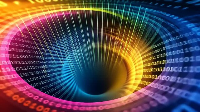 Abstract representation of a digital vortex with colorful binary code emanating from a central point