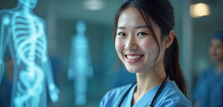 Young Asian doctor smiles with stethoscope, medical hologram of skeleton and human body overlay. Futuristic healthcare technology shows anatomy, dna, ai innovation for hospitals, insurance planning.
