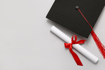 Diploma with red ribbon and graduation hat on white background