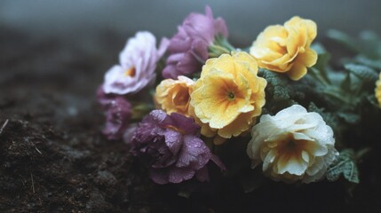 Enigmatic primroses glisten with dew, evoking Beltane night's whisper and secret garden delights, vibrant hues embrace spring renewal