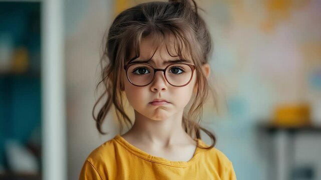 Little Girl with Glasses Looking Seriously at Camera