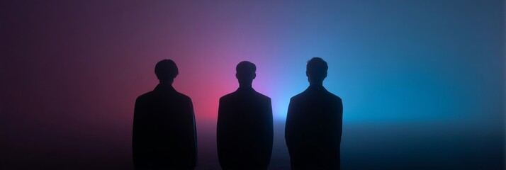 Silhouetted trio against neon haze, evoking 80s retro wave, introspective gatherings, and Shadow Festival perceptions in vibrant gloom