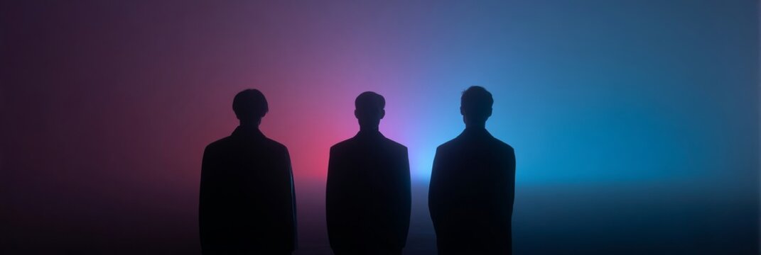 Silhouetted trio against neon haze, evoking 80s retro wave, introspective gatherings, and Shadow Festival perceptions in vibrant gloom