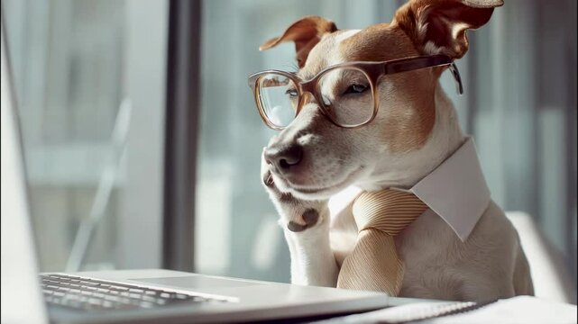 Dog wearing glasses and a tie, sitting at a desk with a laptop, appearing to work in a modern office environment, showcasing a humorous take on professional life