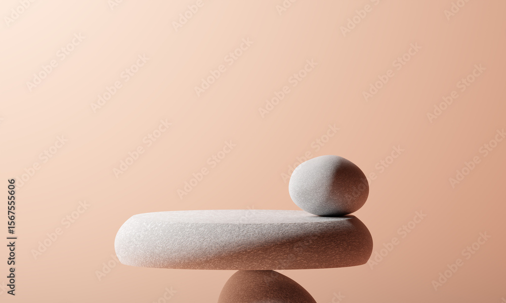 Poster balanced neutral geometric product showcase on soft peach surface for minimalist elegance. 3d render