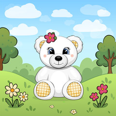 Cute Cartoon White Bear Toy in Nature. Vector illustration of an animal with red and white flowers, butterfly, grass and trees.