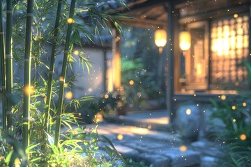 The tall bamboo in the corner of the courtyard illuminated by the lights